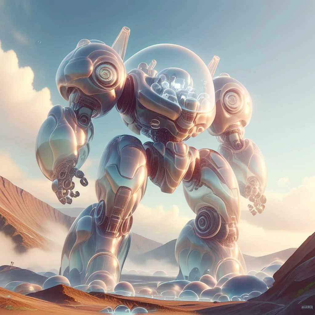 score_9, score_8_up, <lora:BubblyTech_PonyXL_B-000013:1>,bubblytech ,scifi, transparency, caustics , iridescent,
giant battle mech,