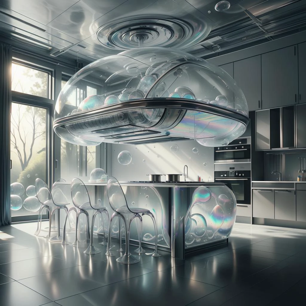 <lora:BubblyTech:0.8>,bubblytech ,scifi, transparent, iridescent , see-through, inflated,
futuristic kitchen,
