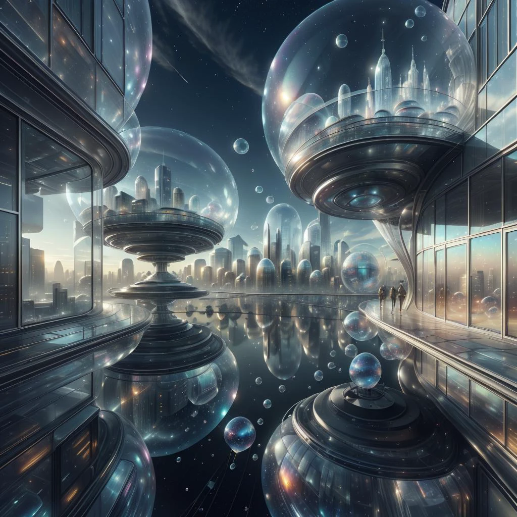 <lora:BubblyTech:0.8>,bubblytech ,scifi, transparent, iridescent , see-through, inflated,
city, buildings, rooftop view, windows, airships , city lights, night sky, starry sky,silhouette, catwalk \(walkway\),