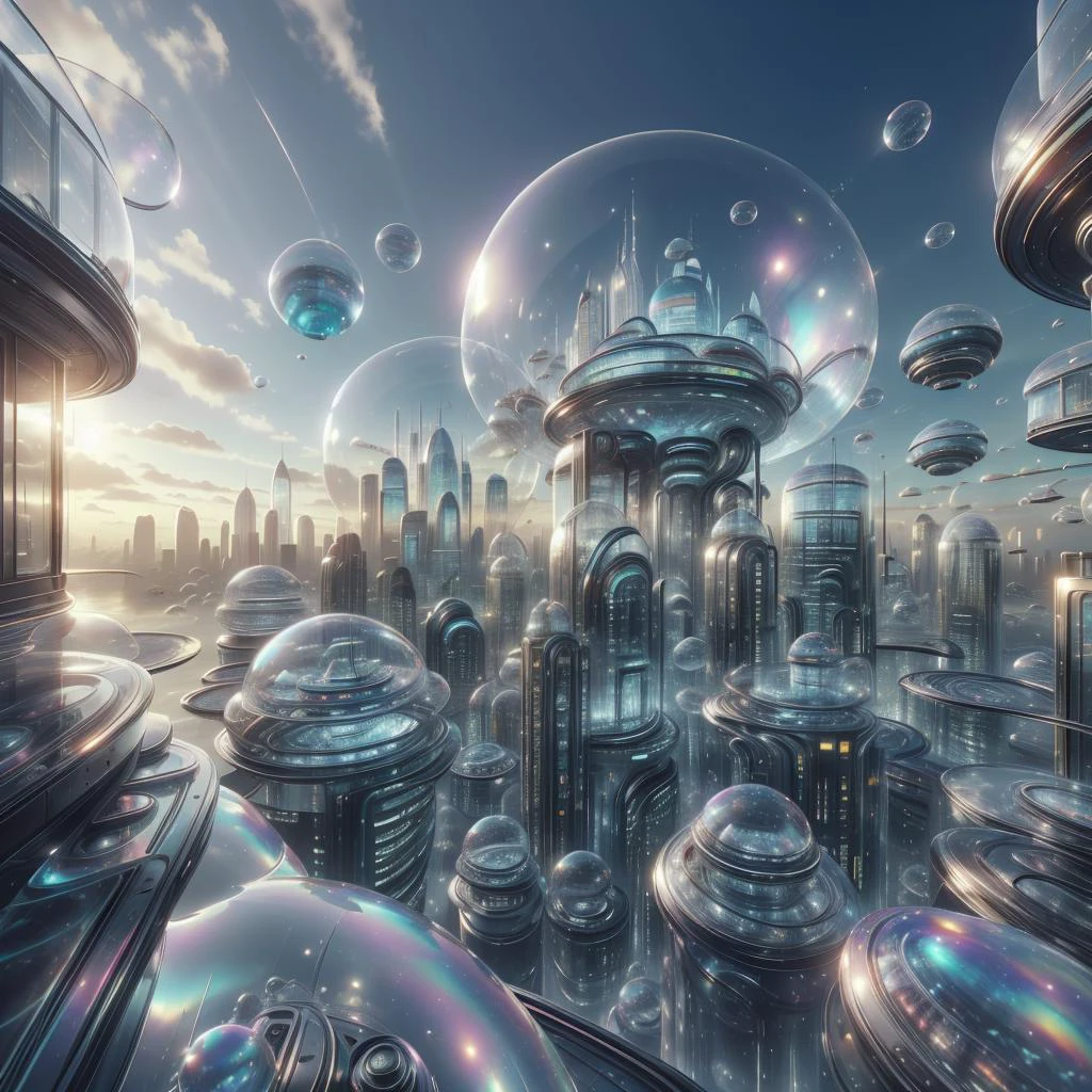 <lora:BubblyTech:0.9>,bubblytech ,scifi, transparent, iridescent , see-through, inflated,
city, buildings, rooftop view, windows, airships