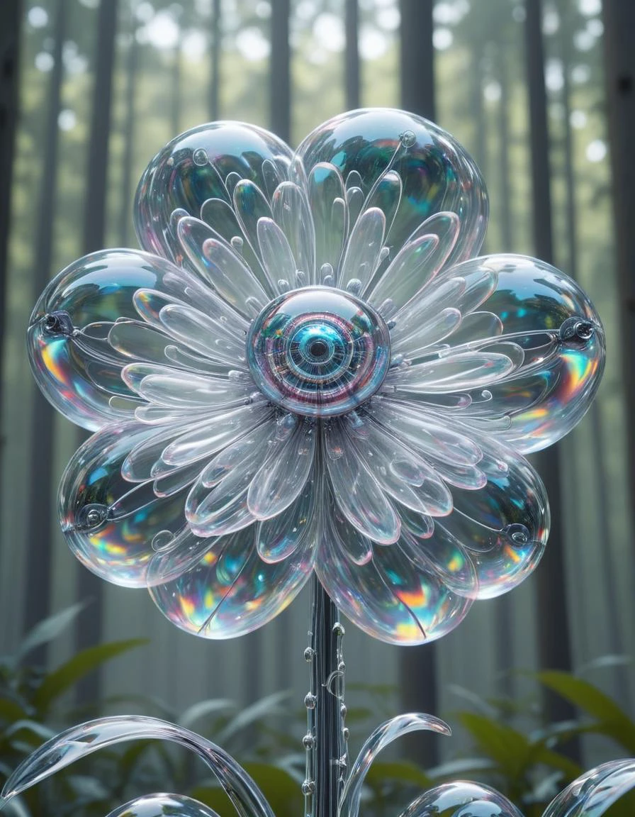 scifi,blurry_background, , hyper detailed,   <lora:Bubbly_Tech_XL_World_Morph-000011:1>, bubblytech, transparency, caustics , iridescent,inflated,  
 mechanical flower, in the forest, blurry_background,