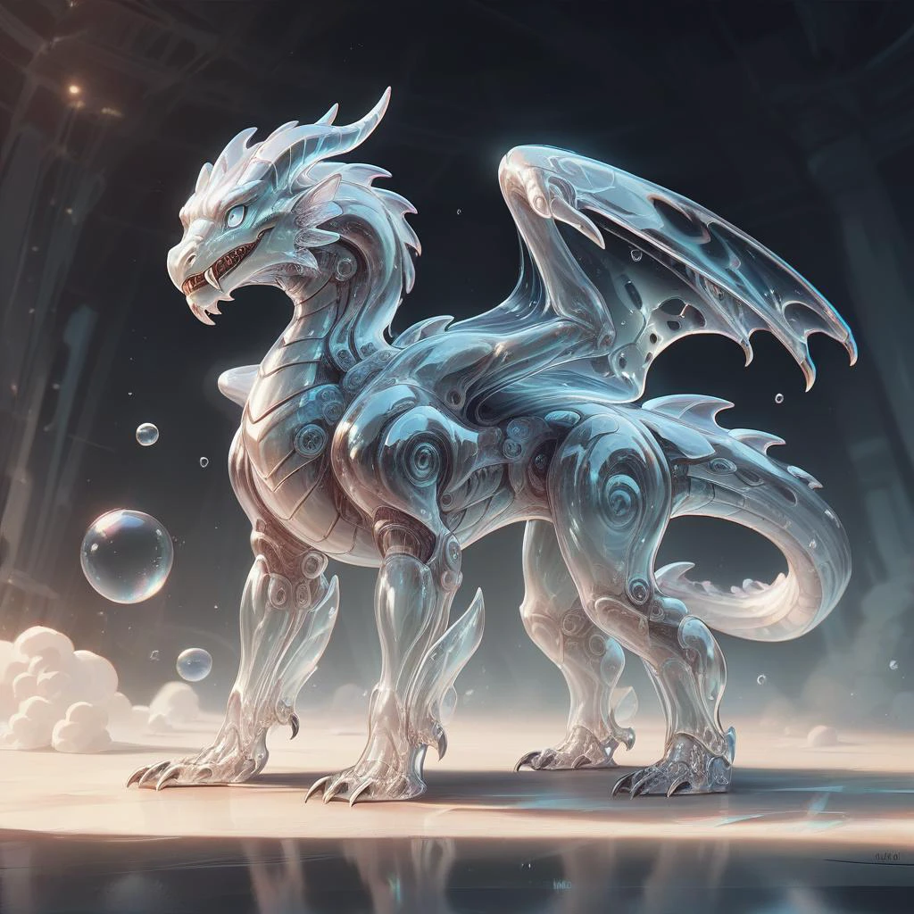 score_9, score_8_up, <lora:BubblyTech_PonyXL_B-000013:1>,bubblytech ,scifi, transparency, caustics , iridescent,
animal, full body, quadruped, winged dragon, horns, scales, claws, fangs,