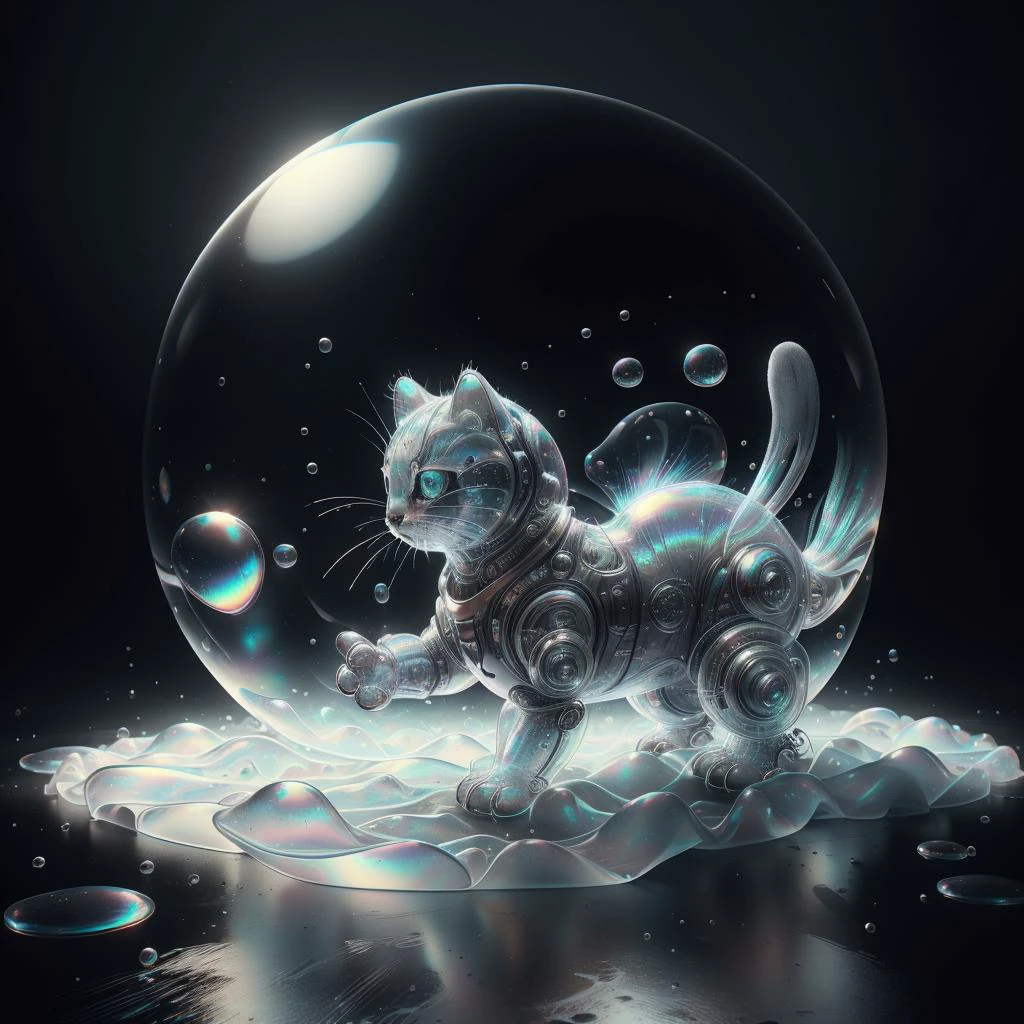 <lora:BubblyTech:0.8>,bubblytech ,scifi, transparent, iridescent , see-through, inflated,
armored kitten, animal, on a carpet , dark room,