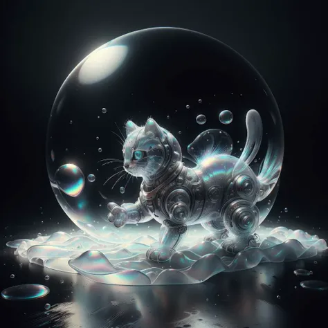 <lora:BubblyTech:0.8>,bubblytech ,scifi, transparent, iridescent , see-through, inflated, 
armored kitten, animal, on a carpet , dark room,