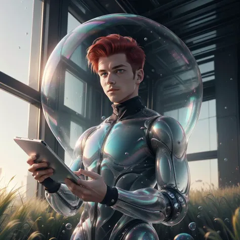 <lora:BubblyTech:0.8>,bubblytech ,scifi, transparent, iridescent , see-through, inflated, 
1boy,man , holding,upper body, red hair, grassy fields , short hair, turtleneck suite , coat , holding a tablet , indoors, red eyes,