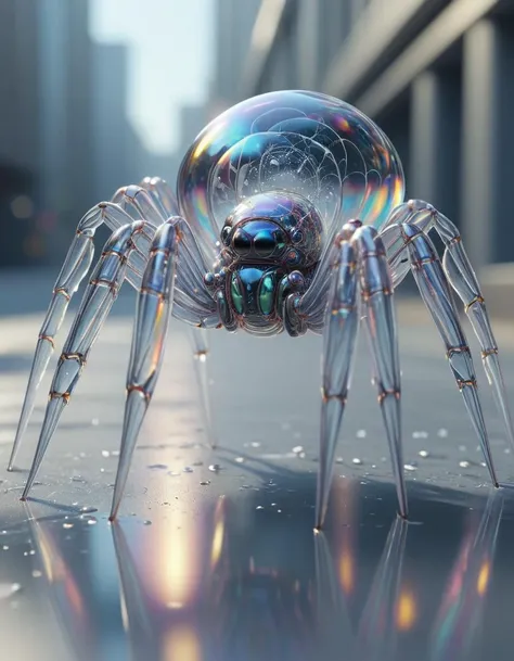 scifi,blurry_background, , hyper detailed, <lora:Bubbly_Tech_XL_World_Morph-000011:1>, bubblytech, transparency, caustics , iridescent,
spider, arachnid ,shallow dof