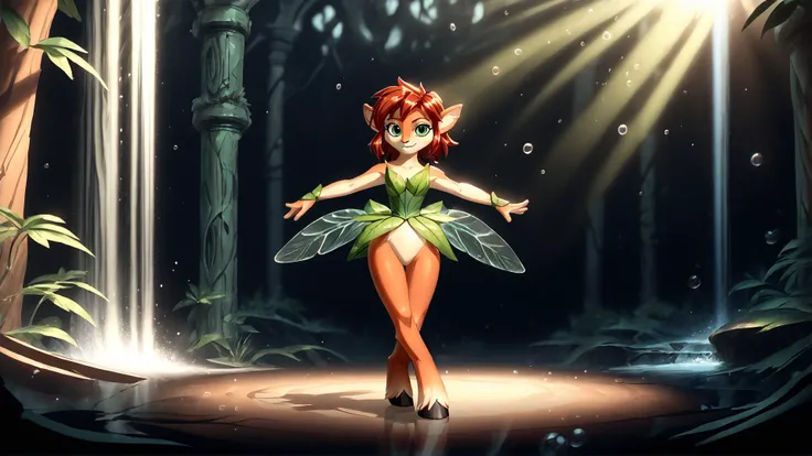 <lora:BubblyTech_PonyXL_B:0.8> bubblytech, scifi, transparency, caustics, iridescent, bubble, <lora:EloraXL:0.8> 1girl, elora, faun \(spyro\), red hair, mammal, anthro, deer, green eyes, smile, <lora:RealisticAnime:0.8> (ultra realistic, 32k, masterpiece:1.2), (high detailed skin:1.1), (high quality:1.1), bokeh, luminescent background, <lora:add-detail-xl:0.8> pond, ruins, forest, waterfall, rainbow, fireflies, sunbeam, shadow, official wallpaper, ballet, dancing, score 9, score 8 up, score 7 up, score 6 up, score 5 up, score 4 up, BREAK,