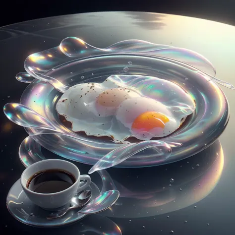 <lora:BubblyTech:0.8>,bubblytech ,scifi, transparent, iridescent , see-through, inflated, 
breakfast plate, fried egg, coffee cup,