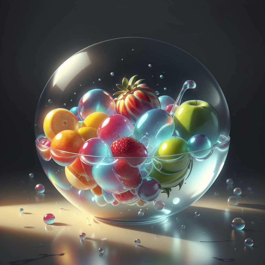 <lora:BubblyTech:0.8>,bubblytech ,scifi, transparent, iridescent , see-through, inflated,
bowl of juicy fruits,