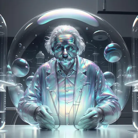 <lora:BubblyTech:0.8>,bubblytech ,scifi, transparent, iridescent , see-through, inflated, 
man , Albert Einstein, <lora:Albert Einstein:0.8> , scientist coat, at a lab