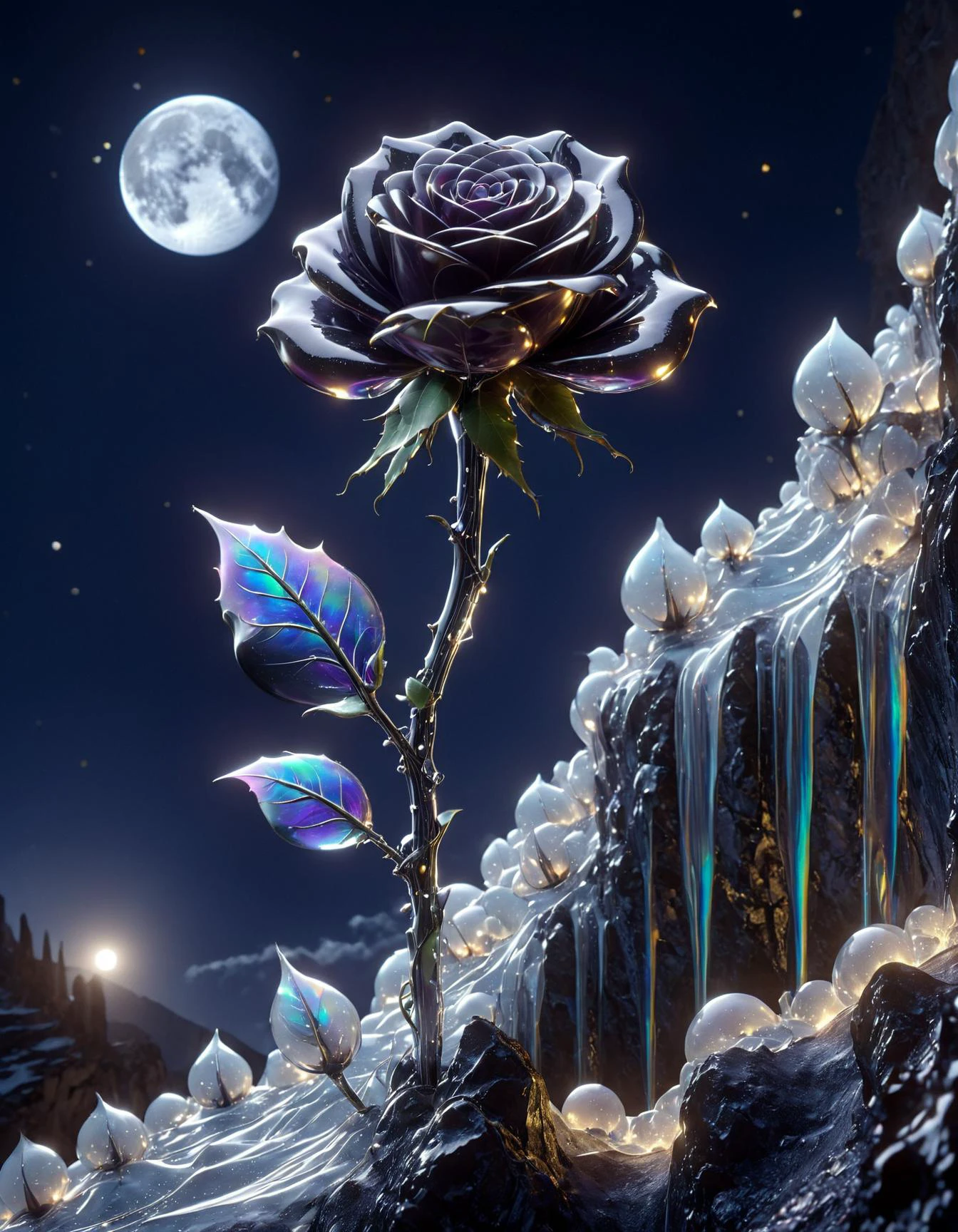<lora:Bubbly_Tech_XL_World_Morph:1> bubblytech, scifi, transparency, caustics, iridescent, gothic, (photorealistic:1.4), a black-purple rose, long-stem-rose, on a mountain cliff, soft glow, (dark night:1.3), magical, mystical, dreamscape, stars, moon <lora:DetailedEyes_V3:1> <lora:OMG-Is-DucHaiten_v1.0:0.5>