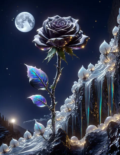 <lora:Bubbly_Tech_XL_World_Morph:1> bubblytech, scifi, transparency, caustics, iridescent, gothic, (photorealistic:1.4), a black-purple rose, long-stem-rose, on a mountain cliff, soft glow, (dark night:1.3), magical, mystical, dreamscape, stars, moon <lora:DetailedEyes_V3:1> <lora:OMG-Is-DucHaiten_v1.0:0.5>