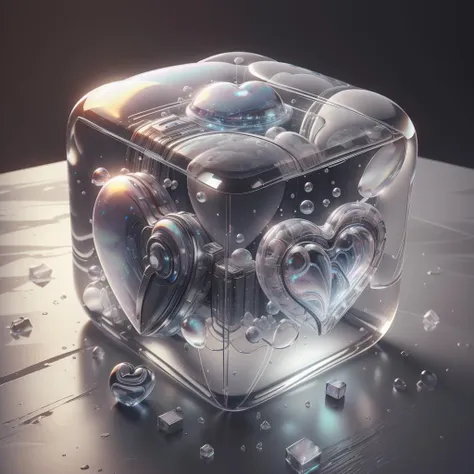 <lora:BubblyTech:0.8>,bubblytech ,scifi, transparent, iridescent , see-through, inflated, 
heart shape , weighted companion cube,cube