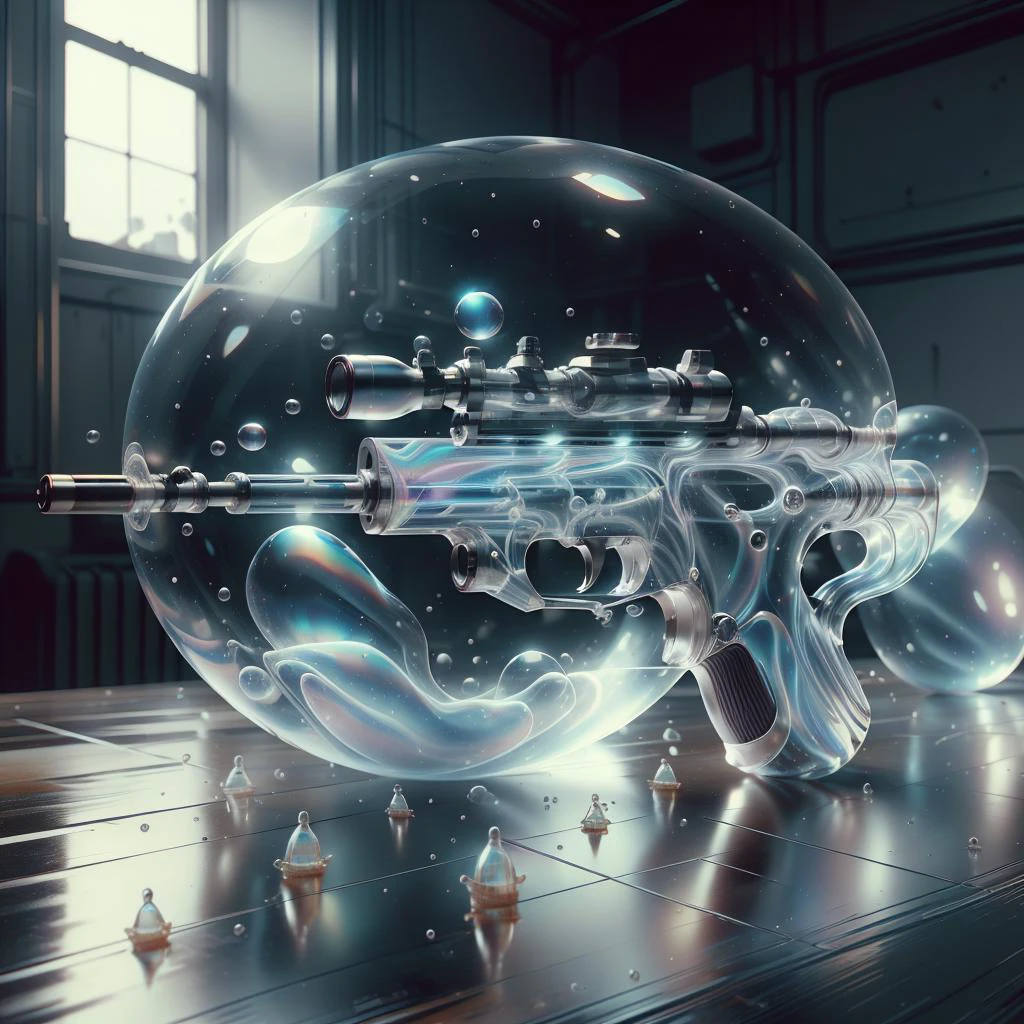 <lora:BubblyTech:1>,bubblytech ,scifi, transparent, iridescent , see-through, inflated,
rifle on the table, no humans, ammunition box,