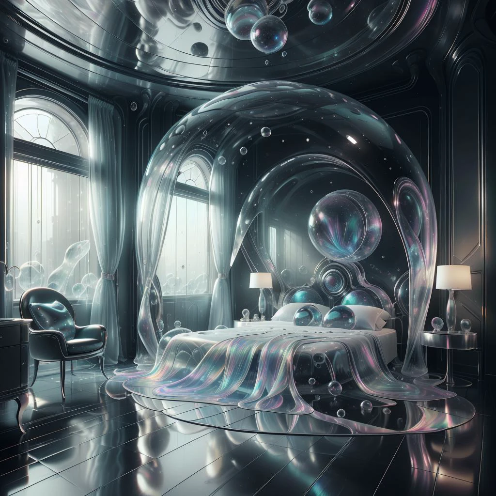 <lora:BubblyTech:0.8>,bubblytech ,scifi, transparent, iridescent , see-through, inflated,
futuristic bedroom,