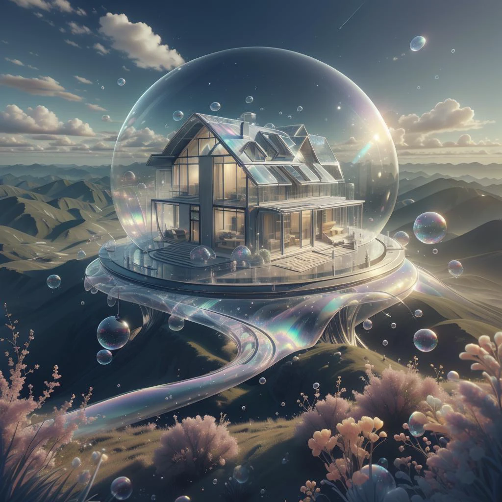 <lora:BubblyTech:0.8>,bubblytech ,scifi, transparent, iridescent , see-through, inflated,
house on a hill, soothing scenery,