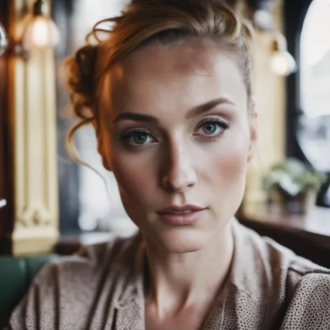 victoriasmurfit a close up portrait photo of a beautiful 26 y.o woman, freckles, in a paris cafe, wearing vintage clothing, moody, vines, organic, modern, (high detailed skin:1.2), 8k uhd, dslr, soft lighting, high quality, film grain, Fujifilm XT3 <lora:victoriasmurfit_lora:1>
