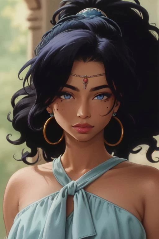 ((best quality)), ((masterpiece)), (detailed),(high-resolution:1.2), 
1girl, Falordelle, dark skin,  mole under eye, jewelry, blue eyes