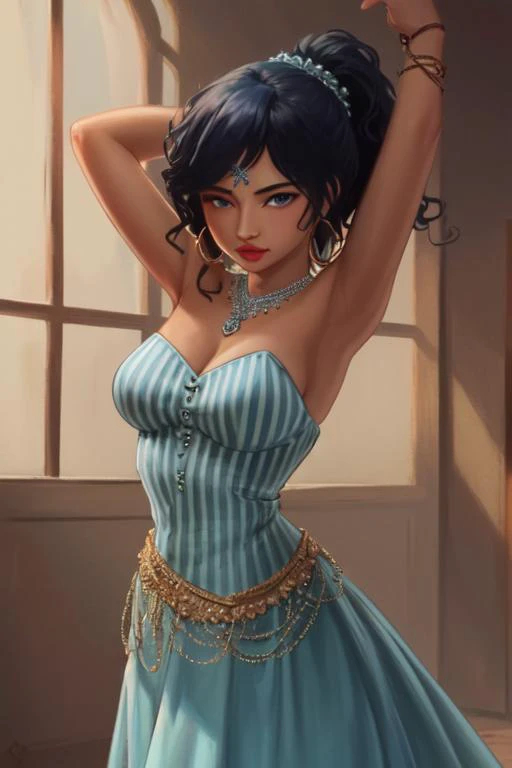 ((best quality)), ((masterpiece)), (detailed),(high-resolution:1.2), dancing
1girl, Falordelle, dark skin,  mole under eye, jewelry, blue eyes, gypsy dress