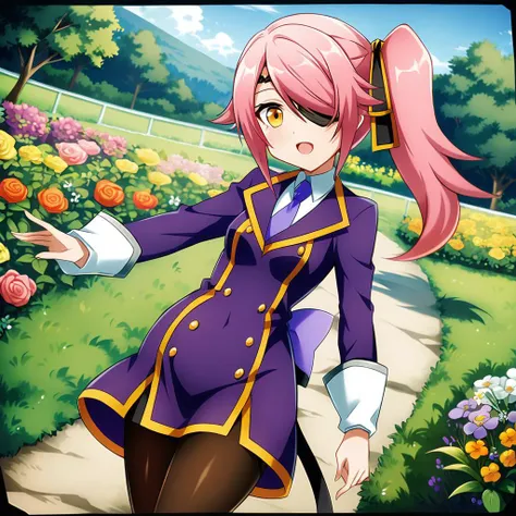 anime artwork illustrating Konoe_Ayatsuki_Mercury \(XB\),1girl, solo, long hair, long sleeves, dress, yellow eyes, pink hair, breasts, small breasts, pantyhose, necktie, hair over one eye,purple uniform, side ponytail, orange eyes, eyepatch,garden,grass. created by japanese anime studio. highly emotional. best quality, high resolution, photograph Konoe_Ayatsuki_Mercury \(XB\),1girl, solo, long hair, long sleeves, dress, yellow eyes, pink hair, breasts, small breasts, pantyhose, necktie, hair over one eye,purple uniform, side ponytail, orange eyes, eyepatch,garden,grass, 50mm . cinematic 4k epic detailed 4k epic detailed photograph shot on kodak detailed cinematic hbo dark moody, 35mm photo, grainy, vignette, vintage, Kodachrome, Lomography, stained, highly detailed, found footage