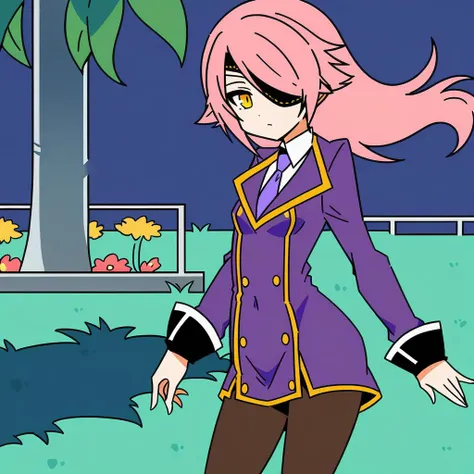 Flat 2D Art, Konoe_Ayatsuki_Mercury \(XB\),1girl, solo, long hair, long sleeves, dress, yellow eyes, pink hair, breasts, small breasts, pantyhose, necktie, hair over one eye,purple uniform, orange eyes, eyepatch,garden,grass, simple flat color, 2-dimensional, Flat 2D Art Style