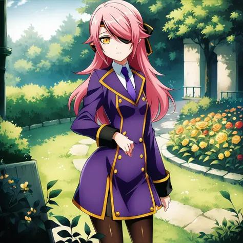 anime artwork illustrating Konoe_Ayatsuki_Mercury \(XB\),1girl, solo, long hair, long sleeves, dress, yellow eyes, pink hair, breasts, small breasts, pantyhose, necktie, hair over one eye,purple uniform, orange eyes, eyepatch,garden,grass. created by japanese anime studio. highly emotional. best quality, high resolution, photograph Konoe_Ayatsuki_Mercury \(XB\),1girl, solo, long hair, long sleeves, dress, yellow eyes, pink hair, breasts, small breasts, pantyhose, necktie, hair over one eye,purple uniform, orange eyes, eyepatch,garden,grass, 50mm . cinematic 4k epic detailed 4k epic detailed photograph shot on kodak detailed cinematic hbo dark moody, 35mm photo, grainy, vignette, vintage, Kodachrome, Lomography, stained, highly detailed, found footage