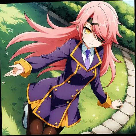 anime artwork illustrating Konoe_Ayatsuki_Mercury \(XB\),1girl, solo, long hair, long sleeves, dress, yellow eyes, pink hair, breasts, small breasts, pantyhose, necktie, hair over one eye,purple uniform, orange eyes, eyepatch,garden,grass. created by japanese anime studio. highly emotional. best quality, high resolution, photograph Konoe_Ayatsuki_Mercury \(XB\),1girl, solo, long hair, long sleeves, dress, yellow eyes, pink hair, breasts, small breasts, pantyhose, necktie, hair over one eye,purple uniform, orange eyes, eyepatch,garden,grass, 50mm . cinematic 4k epic detailed 4k epic detailed photograph shot on kodak detailed cinematic hbo dark moody, 35mm photo, grainy, vignette, vintage, Kodachrome, Lomography, stained, highly detailed, found footage