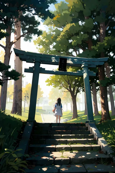 masterpiece,highres,best quality,torii,scenery,outdoors,nature,1girl,<lora:torii_stone-wasabiya:1>,toriibg,tree,stairs,nature,