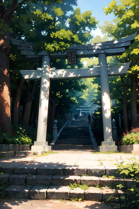 masterpiece,highres,best quality,torii,scenery,outdoors,nature,1girl,<lora:torii_stone-wasabiya:1>,toriibg,tree,stairs,nature,