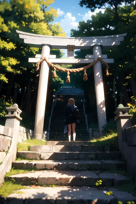 masterpiece,highres,best quality,torii,scenery,outdoors,nature,1girl,<lora:torii_stone-wasabiya:1>,toriibg,tree,stairs,nature,