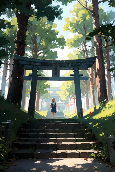 masterpiece,highres,best quality,torii,scenery,outdoors,nature,1girl,<lora:torii_stone-wasabiya:1>,toriibg,tree,stairs,nature,