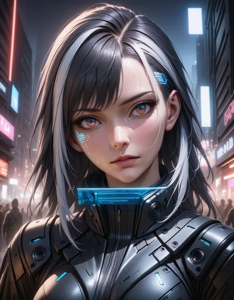 1girl, solo focus, white hair, black hair, long hair, streaked hair, two-tone hair, asymmetrical hair, mechanical eye, <lora:Neon_Cyberpunk_Headoverlay_SDXL:0.6> mad-hdvrly, hologram, holographic face, face cyberware, portrait, extreme close-up, head tilt, looking at viewer, science fiction, cyberpunk, realistic, photorealistic, ultra-realism, night, city, dystopian, moody, edgy, gritty, neon lights, dramatic lighting, perfect lighting, depth of field, blurry background, cinematic, filmic, high budget, (masterpiece), (best quality), (ultra-detailed), very aesthetic, illustration, perfect composition, intricate details, absurdres