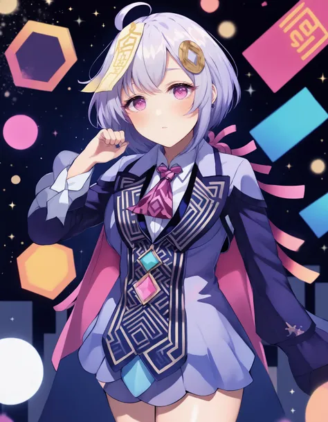 \(\qi qi\) 1girl, Adorned in a tailored, three-piece suit with a patterned waistcoat and bold, contrasting tie, solo, blush, Kaleidoscopic patterns, geometric shapes, vivid colors, mesmerizing visuals, optical illusion <lora:Qiqix_xl:.8>