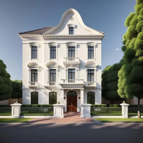 ((Best quality, 8k, Masterpiece :1.3)),render as 3D design perspective of the facade, the house facade has a classic style, the main color of the house is white