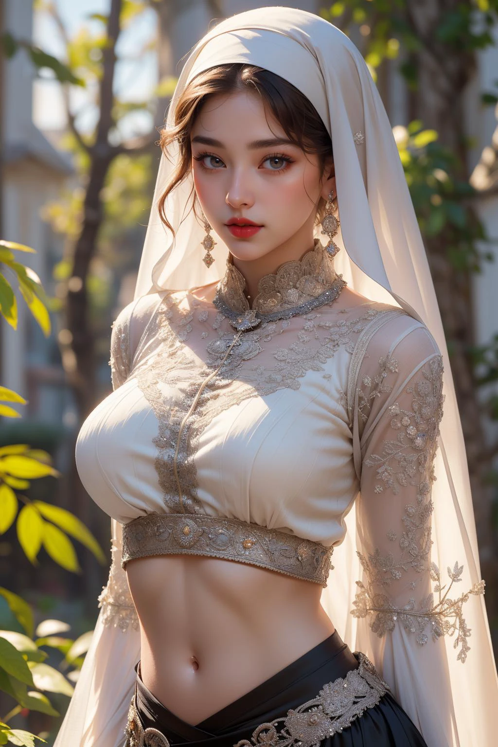 (masterpiece:1.5), (((top quality, best quality, high quality))), ((intricately detailed, ultra-detailed, insanely detailed)), highres, 32K, extremely detailed unity CG 8K wallpaper, (beautiful and aesthetic:1.2),, (depth of field:1.3), (immaculate:1.3), (delicate detailed depiction:1.4),
((brilliant full lighting, luscious colors)),   (illustration of an immensely beautiful woman:1.3),
(upper body:1.4), (perfectly centered:1.4), (natural willowy posture:1.5), (((dynamic pose, cinematic angle))),
(1girl:1.5), (mature female:1.4), (nun:1.5), (short curly hair:1.4),
beautiful gorgeous face, [(detailed face:1.2):0.2], bright eyes, pureerosface_v1, ulzzang-6500-v1.1, (closed mouth:1.5), (red lips:1.4), (full lips:1.4), (slight smile:1.5),
attractive flawless body, (((pronounced feminine curves))), (((extremely pale skin))), realistic skin, skin pores, (voluptuous:1.5), (((toned belly, groin:1.3))), narrow waist,
(sheer outfit:1.5), (explicit sash:1.3), (breast curtains:1.5), (pelvic curtain:1.5), (((see-through))), (long detached sleeves:1.4), (cross detached collar:1.4), (fabrication glitters:1.5), (luxury intricate clothing jewelries:1.5), (jeweled embroideries:1.4), (clothing sparkles:1.4), (sparkling particles:1.3), (((sagging front seam, sagging hind seam))), (((earrings, hairclip, hair ornaments))),
(walking:1.5), (outdoors garden:1.5), (fantasy:1.5), (surreal delicate background:1.5), (intricate complex scene:1.5), (magnificent landscape:1.5), (brilliant volumetric backlighting:1.5),<lora:detail_slider_v4:1.8>,