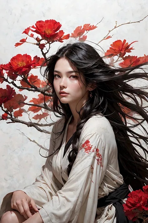 a painting of a woman sitting on a tree branch with red flowers, artwork in the style of guweiz, mark brooks and brad kunkle, detailed face of a girl, flowing backlit hair, inspired by Watanabe ShMtei, long windblown black hair, an airbrush painting, flowing hair and long robes, (drawing on a white background, concept art:1.2)