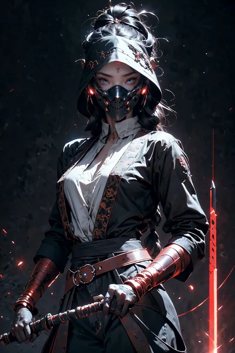 ((diamondly beautiful eyed girl)) with braids  holds a weapon in his hand on a black background, red glowing eyes, holy cyborg necromancer girl, holds a weapon in his hand, Sci-Fi Helmet, cyber mask, brian sum, goddess of war, blue cyborg, balaskas, blink , highest quality, masterpiece, ultra-detailed, dof, artistic lighting, highest quality, masterpiece, ultra-detailed, dof, rimlight <lora:Ghost_Mask_V2_Gold_Edition:0.6>, <lora:anxiang:0.4>