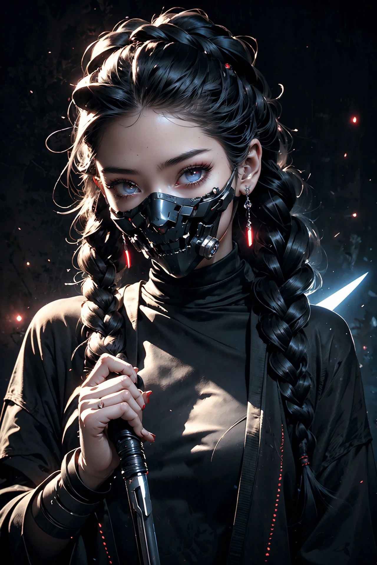 close up ((diamondly beautiful eyed girl)) with braids holds a weapon in his hand on a black background, red glowing eyes, holy cyborg necromancer girl, holds a weapon in his hand, Sci-Fi Helmet, cyber mask, brian sum, goddess of war, blue cyborg, balaskas, blink , highest quality, masterpiece, ultra-detailed, dof, artistic lighting, highest quality, masterpiece, ultra-detailed, dof, rimlight <lora:Ghost_Mask_V2_Gold_Edition:0.6>, <lora:anxiang:0.3>