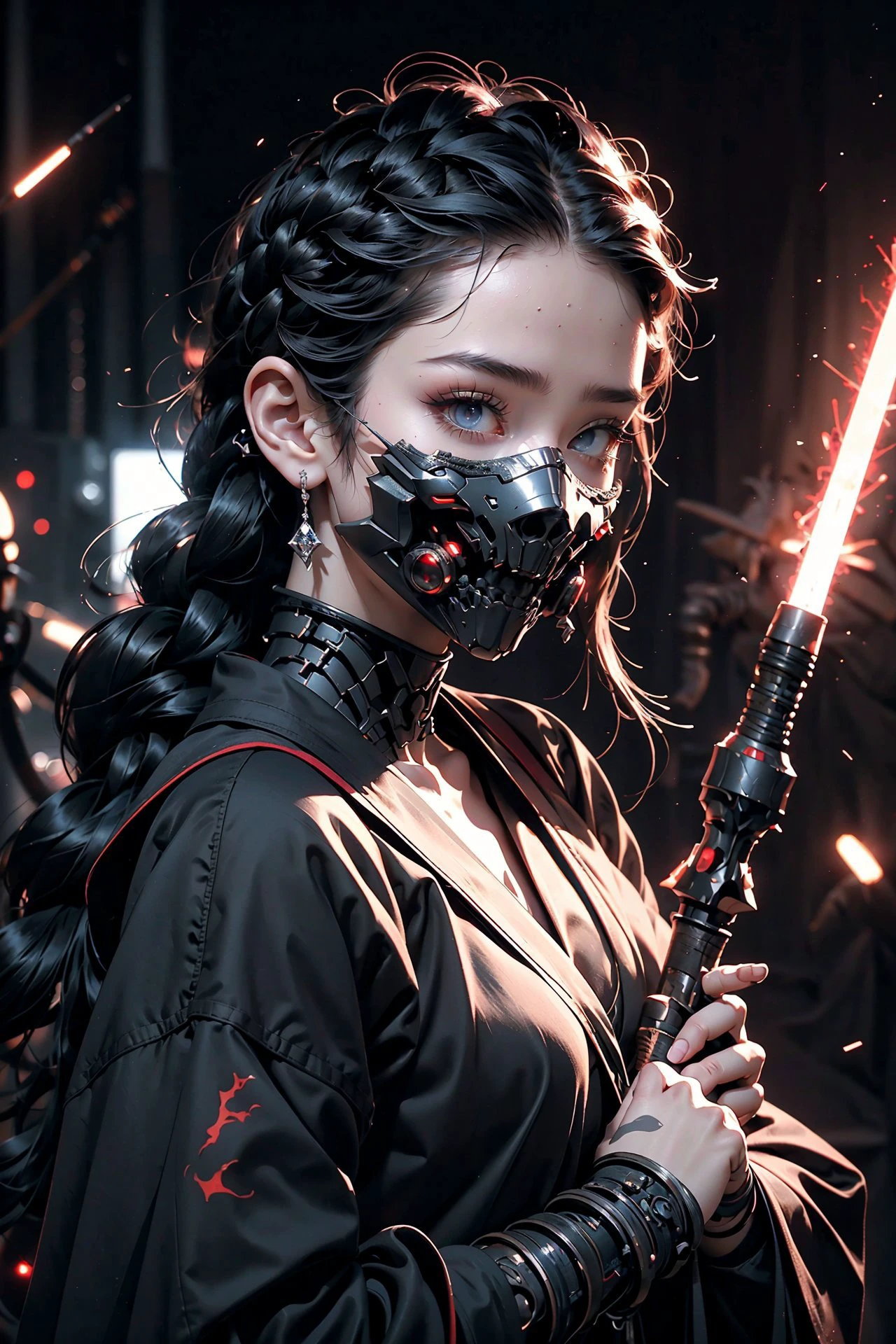 close up ((diamondly beautiful eyed girl)) with braids holds a weapon in his hand on a black background, red glowing eyes, holy cyborg necromancer girl, holds a weapon in his hand, Sci-Fi Helmet, cyber mask, brian sum, goddess of war, blue cyborg, balaskas, blink , highest quality, masterpiece, ultra-detailed, dof, artistic lighting, highest quality, masterpiece, ultra-detailed, dof, rimlight <lora:Ghost_Mask_V2_Gold_Edition:0.6>, <lora:anxiang:0.3>