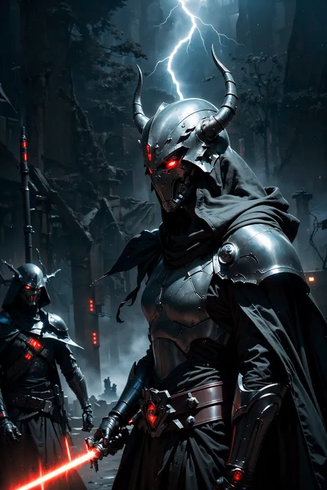 (The battle scene of The dark Sith without a face destroys his enemy with the force :1.2), (wared in helmet, sharp sleek cyborg dragon head, detailed helmet, highly detailed cgsociety, ornate cyberpunk armor, futuristic cybernetic helmet) dark theme, Star Wars, face hidden under a hood, eyes shining brightly from the darkness, The endless power of darkness, (Unlimited evil dinamic pose, fighter:1.2) (There are a lot of electrical discharges and lightning everywhere:1.1), (stunning visual effects, fantasy, ArtStation, vfx, very beautiful graphics, CG)