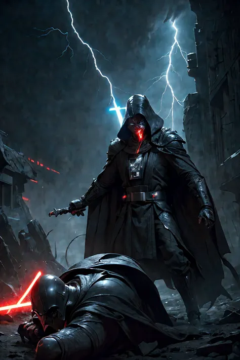 (The battle scene of The dark Sith without a face destroys his enemy with the force :1.5), (wared in helmet, sharp sleek cyborg dragon head, detailed helmet, highly detailed cgsociety, ornate cyberpunk armor, futuristic cybernetic helmet) dark theme, Star Wars, face hidden under a hood, eyes shining brightly from the darkness, The endless power of darkness, (Unlimited evil dinamic pose, fighter:1.2) (There are a lot of electrical discharges and lightning everywhere:1.1), (stunning visual effects, fantasy, ArtStation, vfx, very beautiful graphics, CG)