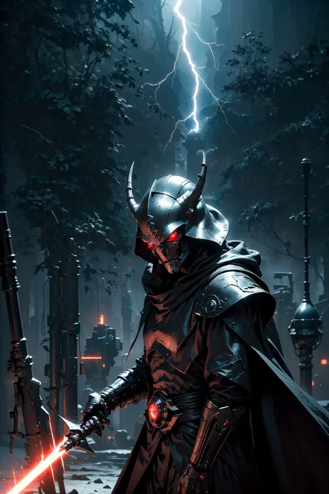 (The battle scene of The dark Sith without a face destroys his enemy with the force :1.2), (wared in helmet, sharp sleek cyborg dragon head, detailed helmet, highly detailed cgsociety, ornate cyberpunk armor, futuristic cybernetic helmet) dark theme, Star Wars, face hidden under a hood, eyes shining brightly from the darkness, The endless power of darkness, (Unlimited evil dinamic pose, fighter:1.2) (There are a lot of electrical discharges and lightning everywhere:1.1), (stunning visual effects, fantasy, ArtStation, vfx, very beautiful graphics, CG)