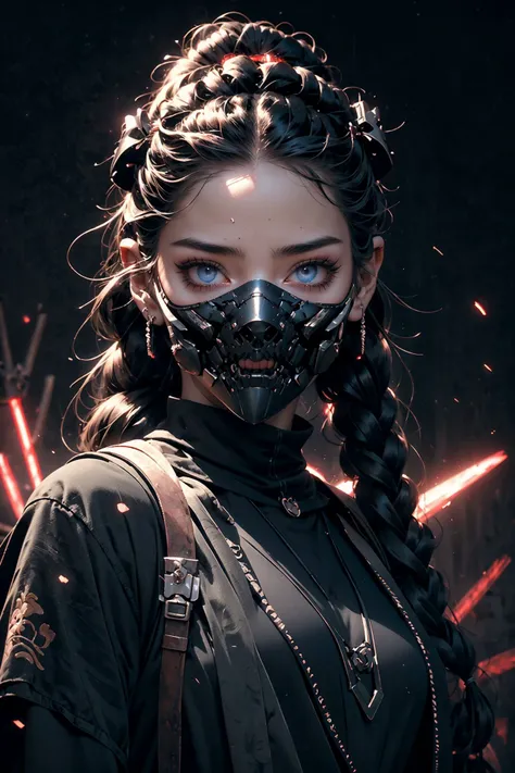 close up ((diamondly beautiful eyed girl)) with braids holds a weapon in his hand on a black background, red glowing eyes, holy cyborg necromancer girl, holds a weapon in his hand, Sci-Fi Helmet, cyber mask, brian sum, goddess of war, blue cyborg, balaskas, blink , highest quality, masterpiece, ultra-detailed, dof, artistic lighting, highest quality, masterpiece, ultra-detailed, dof, rimlight <lora:Ghost_Mask_V2_Gold_Edition:0.6>, <lora:anxiang:0.3>