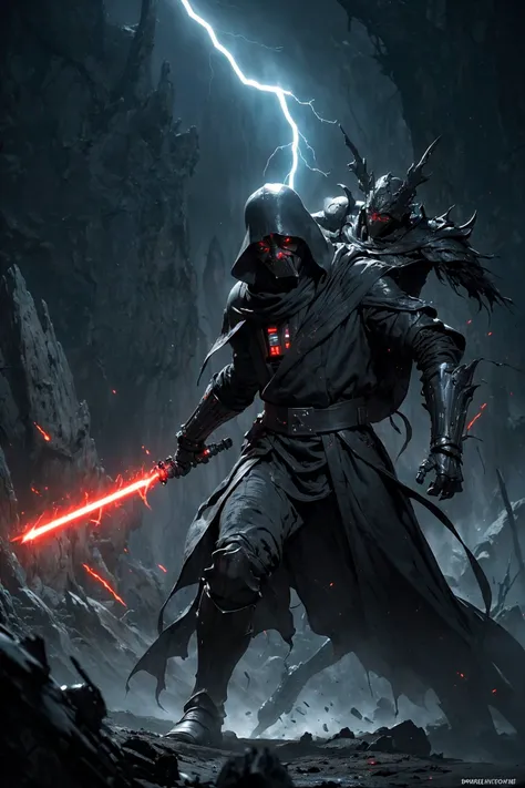 (The battle scene of The dark Sith without a face destroys his enemy with the force :1.5), (wared in helmet, sharp sleek cyborg dragon head, detailed helmet, highly detailed cgsociety, ornate cyberpunk armor, futuristic cybernetic helmet) dark theme, Star Wars, face hidden under a hood, eyes shining brightly from the darkness, The endless power of darkness, (Unlimited evil dinamic pose, fighter:1.2) (There are a lot of electrical discharges and lightning everywhere:1.1), (stunning visual effects, fantasy, ArtStation, vfx, very beautiful graphics, CG)
