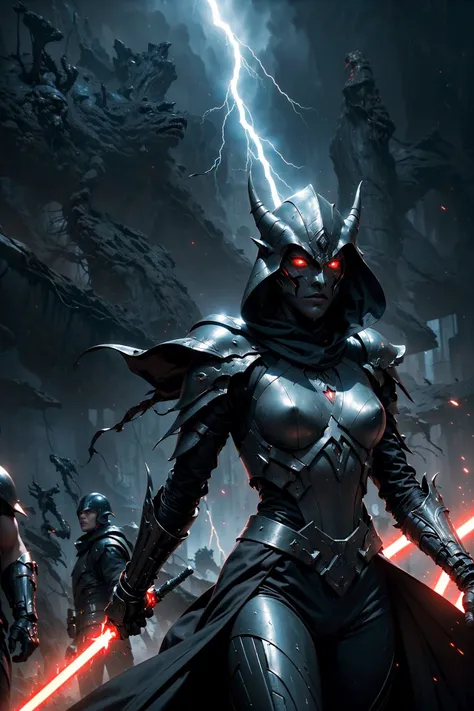 (The battle scene of The dark Sith without a face destroys his enemy with the force :1.2), (wared in helmet, sharp sleek cyborg dragon head, detailed helmet, highly detailed cgsociety, ornate cyberpunk armor, futuristic cybernetic helmet) dark theme, Star Wars, face hidden under a hood, eyes shining brightly from the darkness, The endless power of darkness, (Unlimited evil dinamic pose, fighter:1.2) (There are a lot of electrical discharges and lightning everywhere:1.1), (stunning visual effects, fantasy, ArtStation, vfx, very beautiful graphics, CG)