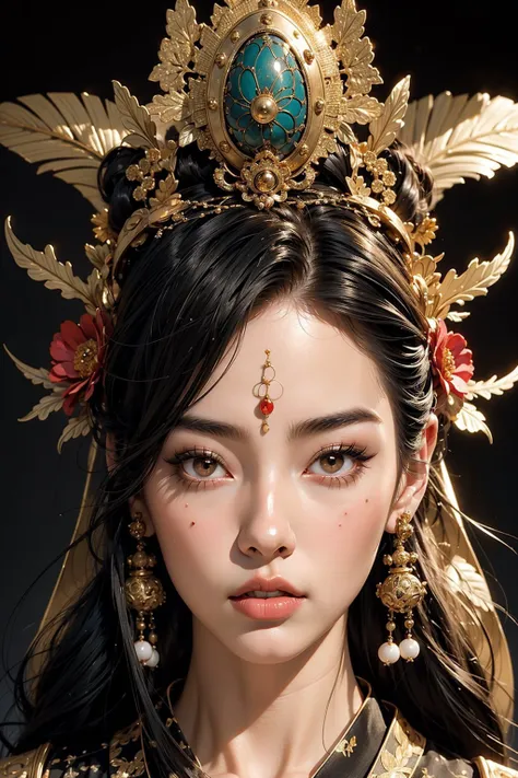 a close up of a woman with a black and gold headpiece, porcelain japanese mannequins, natalie shau, detailed face of a asian girl, japanese influences, symmetry face, shogun era, banshee, with parted lips and stunning, automaton, <lora:anxiang:0.3>