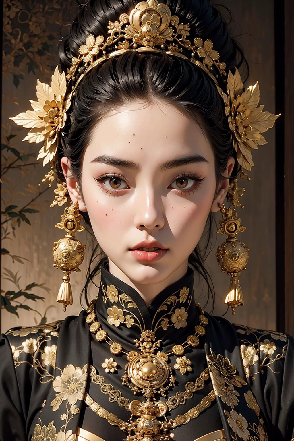 a close up of a woman with a black and gold headpiece, porcelain japanese mannequins, natalie shau, detailed face of a asian girl, japanese influences, symmetry face, shogun era, banshee, with parted lips and stunning, automaton, <lora:anxiang:0.3>