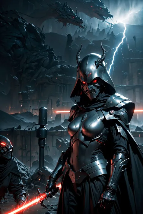 (The battle scene of The dark Sith without a face destroys his enemy with the force :1.2), (wared in helmet, sharp sleek cyborg dragon head, detailed helmet, highly detailed cgsociety, ornate cyberpunk armor, futuristic cybernetic helmet) dark theme, Star Wars, face hidden under a hood, eyes shining brightly from the darkness, The endless power of darkness, (Unlimited evil dinamic pose, fighter:1.2) (There are a lot of electrical discharges and lightning everywhere:1.1), (stunning visual effects, fantasy, ArtStation, vfx, very beautiful graphics, CG)