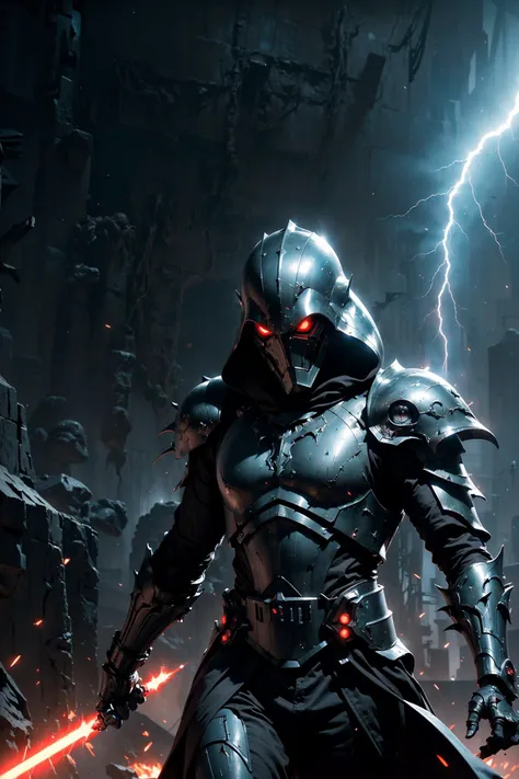 (The battle scene of The dark Sith without a face destroys his enemy with the force :1.2), (wared in helmet, sharp sleek cyborg dragon head, detailed helmet, highly detailed cgsociety, ornate cyberpunk armor, futuristic cybernetic helmet) dark theme, Star Wars, face hidden under a hood, eyes shining brightly from the darkness, The endless power of darkness, (Unlimited evil dinamic pose, fighter:1.2) (There are a lot of electrical discharges and lightning everywhere:1.1), (stunning visual effects, fantasy, ArtStation, vfx, very beautiful graphics, CG)