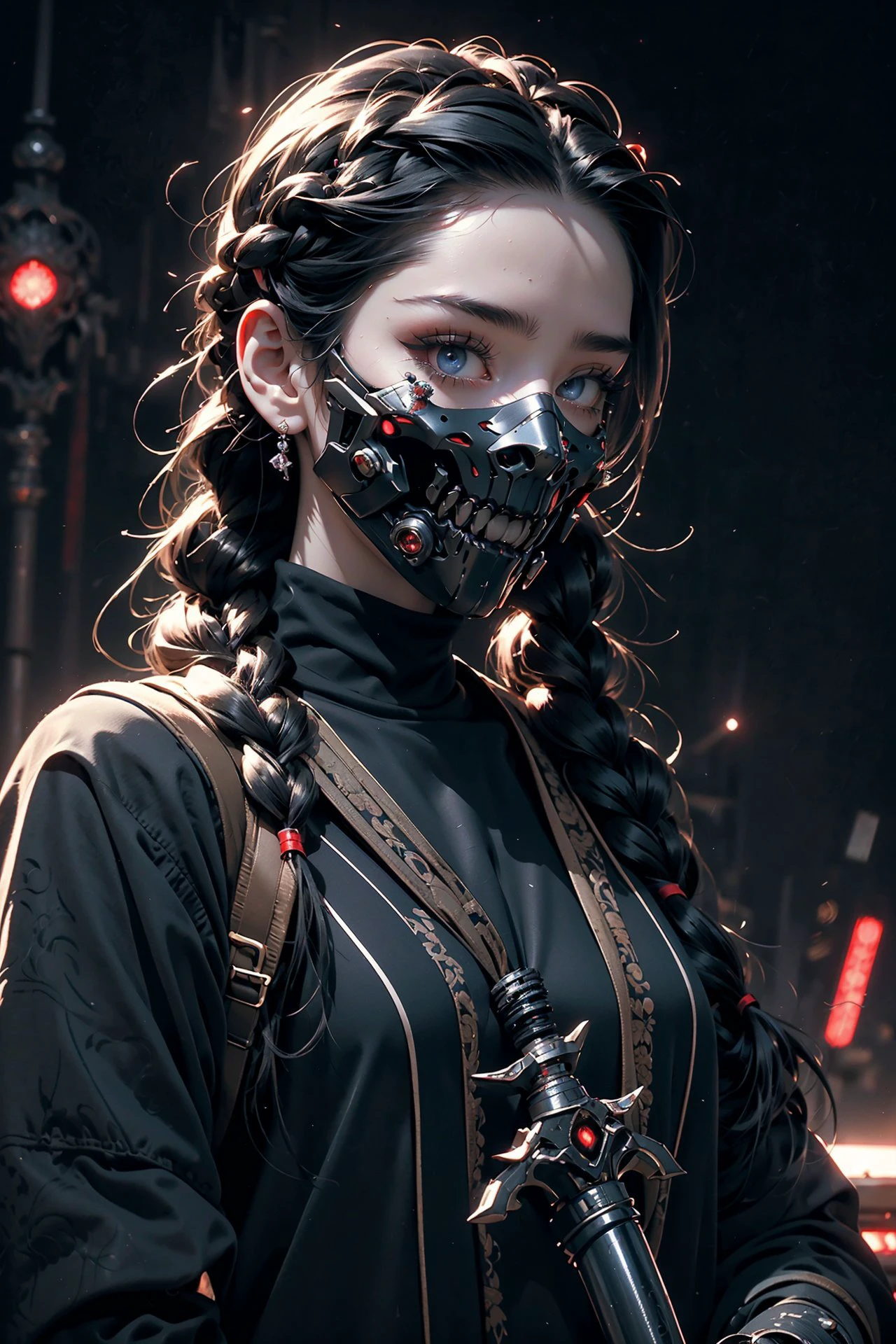 close up ((diamondly beautiful eyed girl)) with braids holds a weapon in his hand on a black background, red glowing eyes, holy cyborg necromancer girl, holds a weapon in his hand, Sci-Fi Helmet, cyber mask, brian sum, goddess of war, blue cyborg, balaskas, blink , highest quality, masterpiece, ultra-detailed, dof, artistic lighting, highest quality, masterpiece, ultra-detailed, dof, rimlight <lora:Ghost_Mask_V2_Gold_Edition:0.6>, <lora:anxiang:0.3>